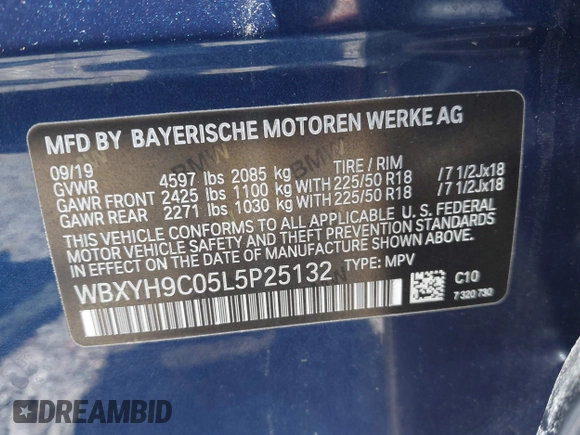 2020 BMW X2 sDrive28i with VIN WBXYH9C05L5P25132, listed as a IAAI auction lot 42269935 with 55,508 mi miles and . Bid and sale history available at DreamBid. Image 9.