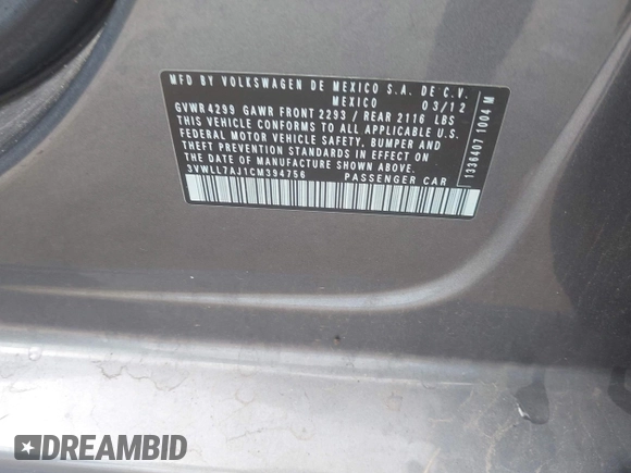 2012 Volkswagen Jetta TDI w/Premium & Nav с VIN 3VWLL7AJ1CM394756, выставлен на аукционе IAAI как лот 42378030 с пробегом 130 515 миль миль и . История ставок и продаж доступна на DreamBid. Изображение 9.