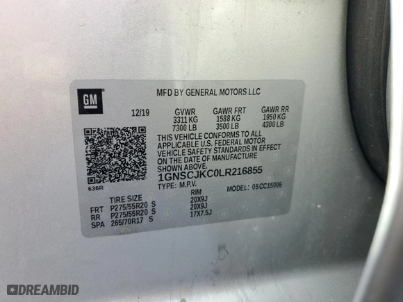 2020 Chevrolet Suburban Premier with VIN 1GNSCJKC0LR216855, listed as a Copart auction lot 72287114 with 94,642 mi miles and Salvage Title. Bid and sale history available at carsss.com. Image 15.