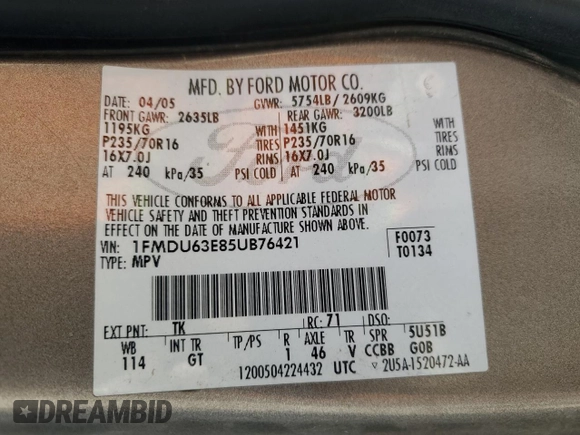 2005 Ford Explorer XLT с VIN 1FMDU63E85UB76421, выставлен на аукционе Copart как лот 64830785 с пробегом 170 179 миль миль и Списание • Salvage title. История ставок и продаж доступна на DreamBid. Изображение 13.