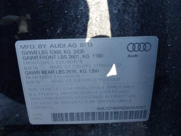 2013 Audi Q5 Premium with VIN WA1CFAFPXDA054082, listed as a IAAI auction lot 41086963 with 162,283 mi miles. Bid and sale history available at carsss.com. Image 9.
