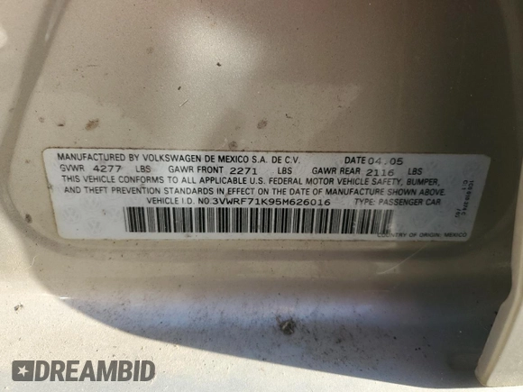 2005 Volkswagen Jetta 2.5L with VIN 3VWRF71K95M626016, listed as a Copart auction lot 75095434 with 124,789 mi miles and Clean title. Bid and sale history available at DreamBid. Image 12.