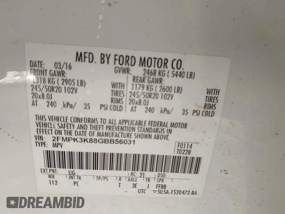 2016 Ford Edge Titanium with VIN 2FMPK3K88GBB56031, listed as a IAAI auction lot 41768418 with 89,298 mi miles. Bid and sale history available at carsss.com. Image 9.