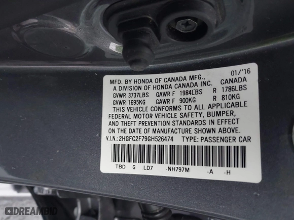 2016 Honda Civic Sedan EX with VIN 2HGFC2F79GH526474, listed as a IAAI auction lot 41797610 with 48,089 mi miles. Bid and sale history available at carsss.com. Image 9.