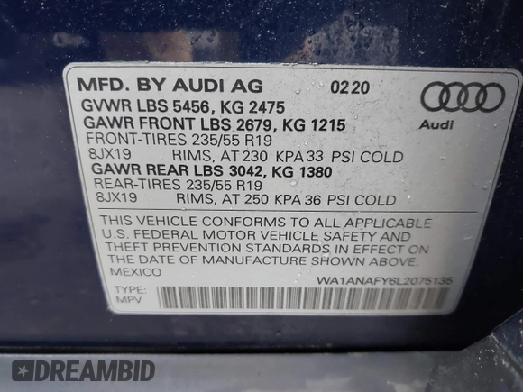 2020 Audi Q5 Premium with VIN WA1ANAFY6L2075135, listed as a IAAI auction lot 42517528 with 49,873 mi miles and . Bid and sale history available at DreamBid. Image 9.