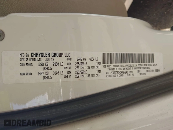 2012 Dodge Grand Caravan SE with VIN 2C4RDGBGXCR407641, listed as a IAAI auction lot 41950812 with 151,331 mi miles and . Bid and sale history available at DreamBid. Image 9.