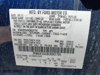 2012 Ford Flex Limited with VIN 2FMGK5DC8CBD07781, listed as a IAAI auction lot 41907723 with 182,124 mi miles. Bid and sale history available at carsss.com. Image 9.