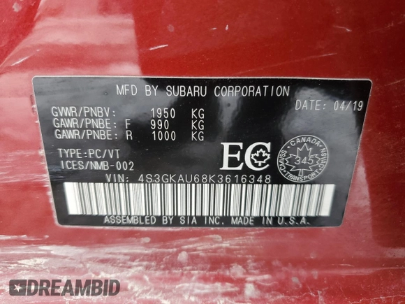 2019 Subaru Impreza Limited with VIN 4S3GKAU68K3616348, listed as a Copart auction lot 85658074 with 76,392 mi miles and Salvage title. Bid and sale history available at DreamBid. Image 13.