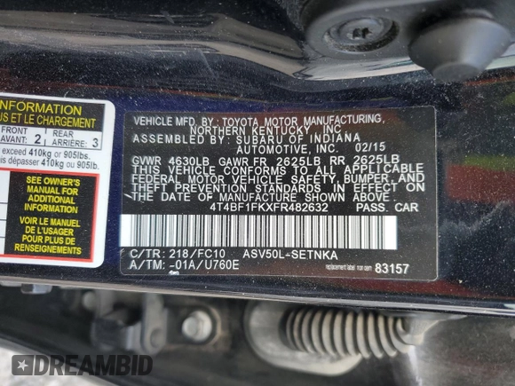2015 Toyota Camry XLE z VIN 4T4BF1FKXFR482632, wystawiony jako Copart lot #53574545 z przebiegiem 123 253 mil mil oraz Szkoda całkowita • Salvage title. Historia ofert i sprzedaży dostępna na DreamBid. Obrazek 12.