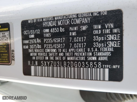 2013 Hyundai Santa Fe Sport with VIN 5XYZU3LB2DG035858, listed as a Copart auction lot 49291725 with 141,952 mi miles and Salvage Title. Bid and sale history available at carsss.com. Image 13.