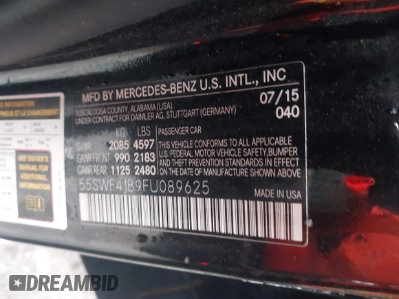 2015 Mercedes-Benz C-Class C 300 with VIN 55SWF4JB9FU089625, listed as a IAAI auction lot 41538932 with 129,101 mi miles. Bid and sale history available at carsss.com. Image 9.