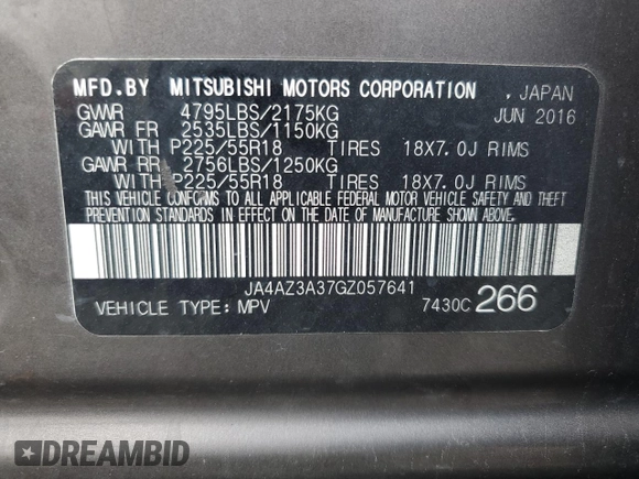 2016 Mitsubishi Outlander SE with VIN JA4AZ3A37GZ057641, listed as a Copart auction lot 61936725 with 170,953 mi miles and Clean title. Bid and sale history available at DreamBid. Image 13.
