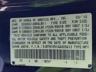 2010 Acura RDX Technology с VIN 5J8TB1H51AA005413, выставлен на аукционе IAAI как лот 41012682 с пробегом 178 781 миль миль и . История ставок и продаж доступна на DreamBid. Изображение 9.