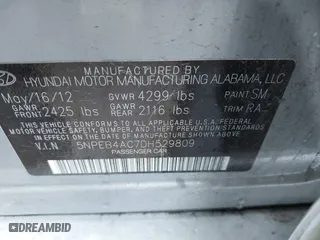 2013 Hyundai Sonata GLS with VIN 5NPEB4AC7DH529809, listed as a IAAI auction lot 41921036 with 205,652 mi miles. Bid and sale history available at carsss.com. Image 9.