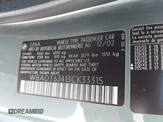 2003 BMW 5 Series 530iA with VIN WBADT63413CK33315, listed as a IAAI auction lot 42064612 with 205,426 mi miles. Bid and sale history available at carsss.com. Image 9.