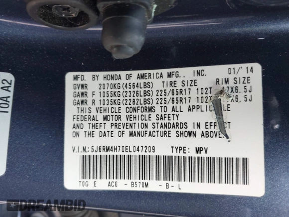 2014 Honda CR-V EX-L with VIN 5J6RM4H70EL047209, listed as a IAAI auction lot 42115691 with 46,587 mi miles and . Bid and sale history available at carsss.com. Image 9.