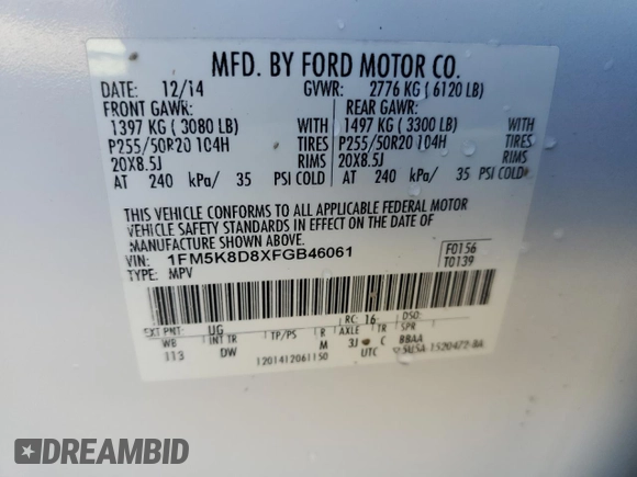 2015 Ford Explorer XLT with VIN 1FM5K8D8XFGB46061, listed as a Copart auction lot 51047835 with 118,885 mi miles and Salvage Title. Bid and sale history available at DreamBid. Image 13.