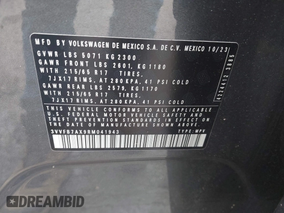 2024 Volkswagen Tiguan S with VIN 3VVFB7AX9RM041943, listed as a IAAI auction lot 42302830 with 29,844 mi miles and . Bid and sale history available at DreamBid. Image 9.