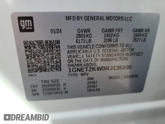 2024 Chevrolet Traverse with VIN 1GNETZKW0RJ136100, listed as a Copart auction lot 62983265 with 13,934 mi miles and Non repairable. Bid and sale history available at DreamBid. Image 13.