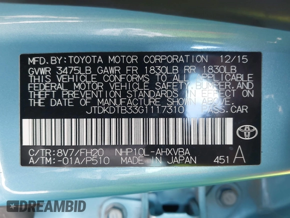 2016 Toyota Prius One with VIN JTDKDTB33G1117310, listed as a IAAI auction lot 41521947 with Not Provided miles. Bid and sale history available at carsss.com. Image 9.