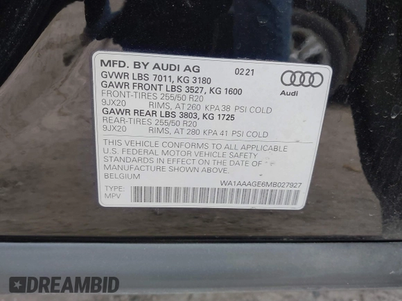 2021 Audi e-tron Premium with VIN WA1AAAGE6MB027927, listed as a IAAI auction lot 41603440 with 111,631 mi miles. Bid and sale history available at carsss.com. Image 9.