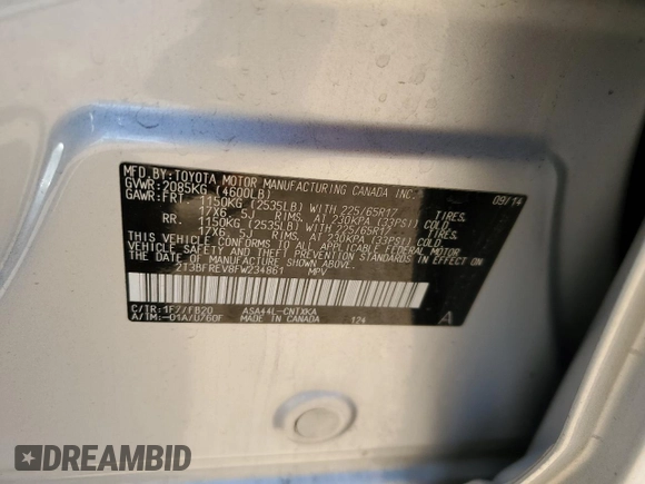 2015 Toyota RAV4 LE with VIN 2T3BFREV8FW234861, listed as a Copart auction lot 63632515 with 95,902 mi miles and Salvage title. Bid and sale history available at DreamBid. Image 13.