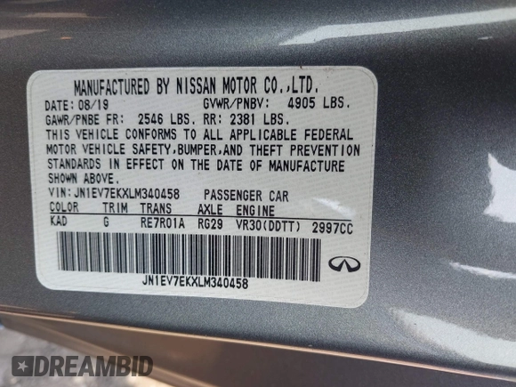 2020 Infiniti Q60 Luxe with VIN JN1EV7EKXLM340458, listed as a IAAI auction lot 42450765 with 64,048 mi miles and . Bid and sale history available at DreamBid. Image 9.