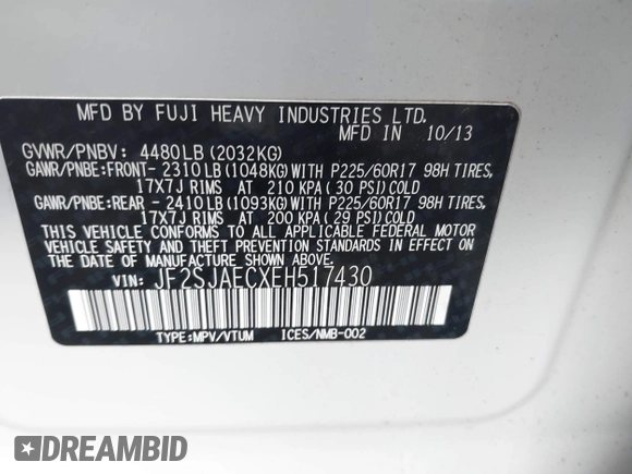 2014 Subaru Forester Premium with VIN JF2SJAECXEH517430, listed as a IAAI auction lot 42172879 with 129,369 mi miles and . Bid and sale history available at DreamBid. Image 9.