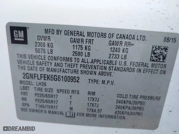 2016 Chevrolet Equinox LT with VIN 2GNFLFEK6G6100952, listed as a IAAI auction lot 41905664 with 132,665 mi miles. Bid and sale history available at carsss.com. Image 9.