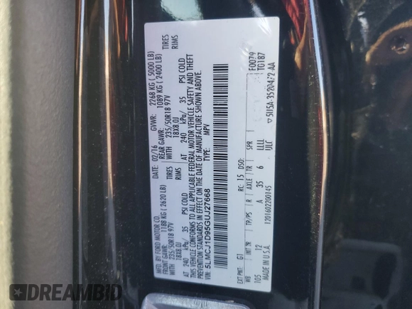 2016 Lincoln MKC Premier with VIN 5LMCJ1D95GUJ27668, listed as a Copart auction lot 46488145 with 65,044 mi miles and Salvage Title. Bid and sale history available at DreamBid. Image 15.