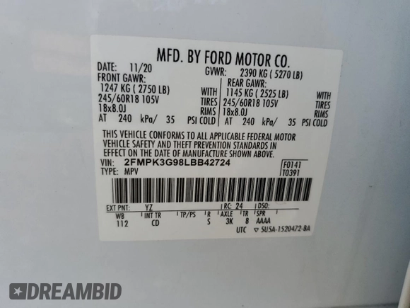 2020 Ford Edge SE z VIN 2FMPK3G98LBB42724, wystawiony jako Copart lot #49602455 z przebiegiem Nie podano mil oraz Nie do naprawy • Non repairable. Historia ofert i sprzedaży dostępna na DreamBid. Obrazek 13.