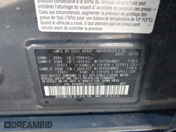 2011 Subaru Outback Limited Power Moon с VIN 4S4BRCKC3B3378222, выставлен на аукционе IAAI как лот 42289692 с пробегом 158 320 миль миль и . История ставок и продаж доступна на DreamBid. Изображение 9.