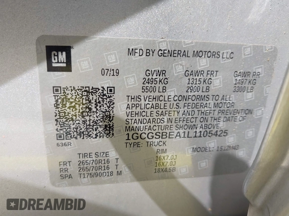2020 Chevrolet Colorado 2WD Work Truck with VIN 1GCGSBEA1L1105425, listed as a IAAI auction lot 42150316 with 154,623 mi miles. Bid and sale history available at carsss.com. Image 9.