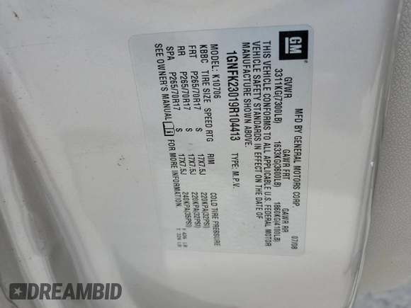 2009 Chevrolet Tahoe 2LT z VIN 1GNFK23019R104413, wystawiony jako Copart lot #54004125 z przebiegiem 119 544 mil mil oraz Szkoda całkowita • Salvage title. Historia ofert i sprzedaży dostępna na DreamBid. Obrazek 13.