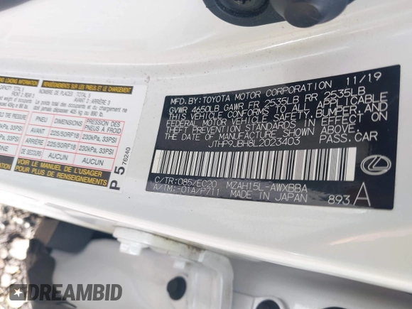 2020 Lexus UX 250h z VIN JTHP9JBH8L2023403, wystawiony jako IAAI lot #40035496 z przebiegiem 42 902 mil mil oraz . Historia ofert i sprzedaży dostępna na DreamBid. Obrazek 9.