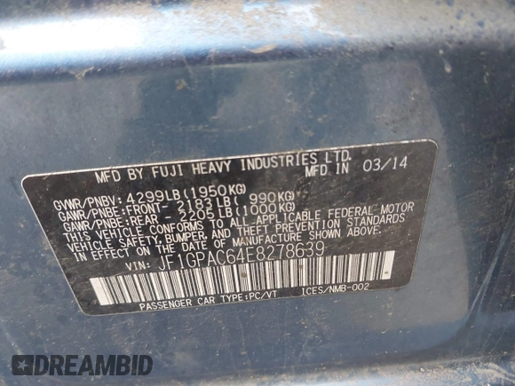 2014 Subaru Impreza Premium z VIN JF1GPAC64E8278639, wystawiony jako IAAI lot #42287017 z przebiegiem 118 166 mil mil oraz . Historia ofert i sprzedaży dostępna na DreamBid. Obrazek 9.