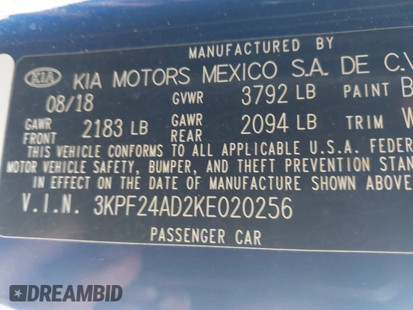 2019 Kia Forte LXS with VIN 3KPF24AD2KE020256, listed as a IAAI auction lot 39141379 with 80,878 mi miles and . Bid and sale history available at DreamBid. Image 9.