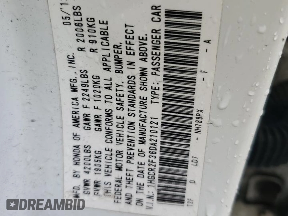 2013 Honda Accord LX z VIN 1HGCR2F36DA210121, wystawiony jako Copart lot #57988445 z przebiegiem 210 452 mil mil oraz Szkoda całkowita • Salvage title. Historia ofert i sprzedaży dostępna na DreamBid. Obrazek 13.