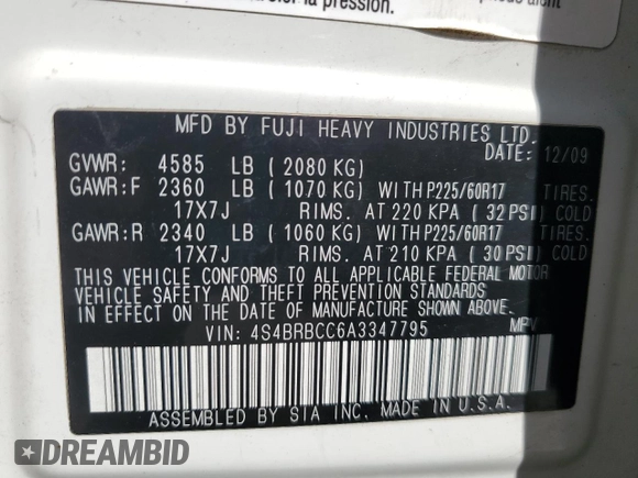 2010 Subaru Outback Premium All-Weather Anniversary with VIN 4S4BRBCC6A3347795, listed as a Copart auction lot 57843275 with 128,997 mi miles and Salvage title. Bid and sale history available at DreamBid. Image 13.