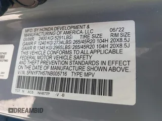 2022 Honda Passport EX-L with VIN 5FNYF7H57NB005716, listed as a IAAI auction lot 41078499 with 33,141 mi miles and . Bid and sale history available at DreamBid. Image 9.
