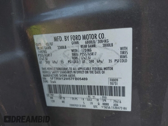 2007 Ford F-150 XLT with VIN 1FTRW12W57FB05489, listed as a IAAI auction lot 42676631 with Not provided miles and . Bid and sale history available at DreamBid. Image 9.