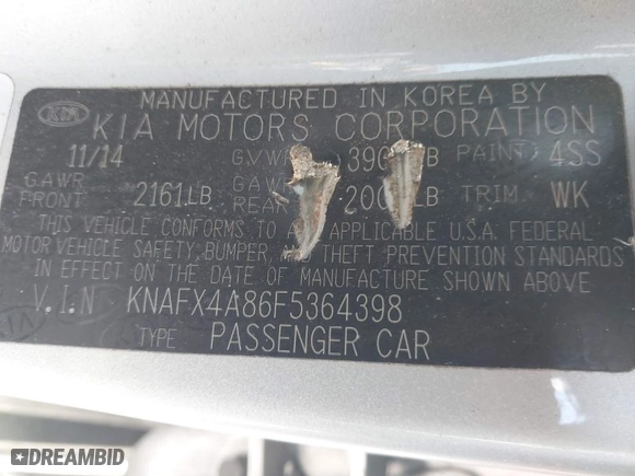 2015 Kia Forte EX with VIN KNAFX4A86F5364398, listed as a IAAI auction lot 41791972 with 158,723 mi miles. Bid and sale history available at carsss.com. Image 9.
