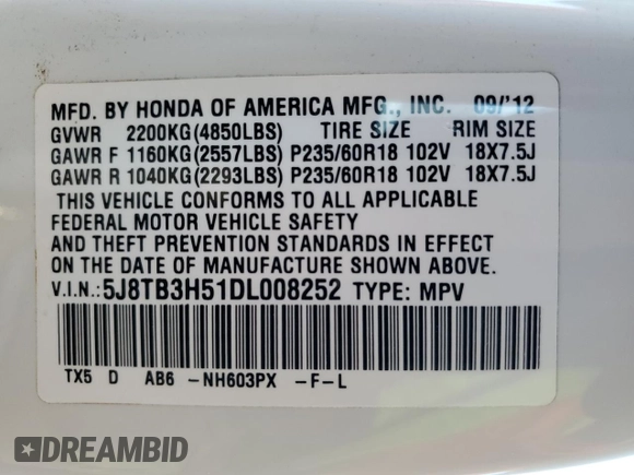 2013 Acura RDX Technology with VIN 5J8TB3H51DL008252, listed as a Copart auction lot 51521975 with 100,275 mi miles and Salvage Title. Bid and sale history available at DreamBid. Image 15.