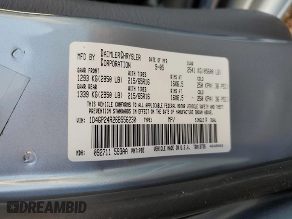 2006 Dodge Grand Caravan SE z VIN 1D4GP24R26B556230, wystawiony jako Copart lot #54518545 z przebiegiem 98 866 mil mil oraz Szkoda całkowita • Salvage title. Historia ofert i sprzedaży dostępna na DreamBid. Obrazek 13.