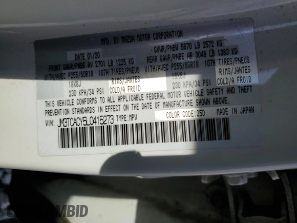 2020 Mazda CX-9 Touring with VIN JM3TCACY5L0415273, listed as a Copart auction lot 44015075 with 82,867 mi miles and Salvage title. Bid and sale history available at DreamBid. Image 13.