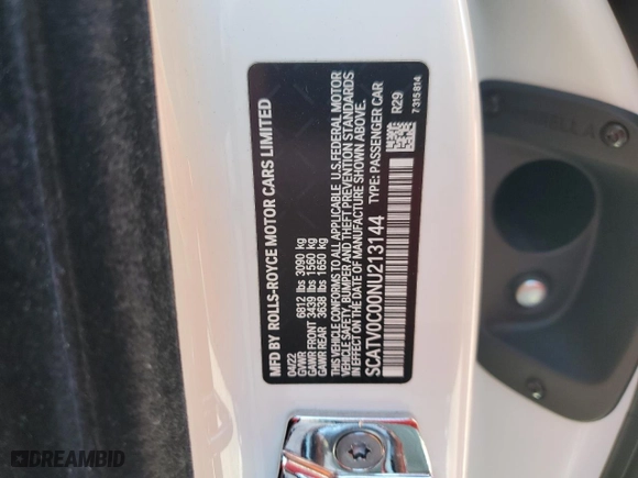 2022 Rolls-Royce Ghost with VIN SCATV0C00NU213144, listed as a Copart auction lot 77853014 with 0 mi miles and Salvage Title. Bid and sale history available at carsss.com. Image 13.