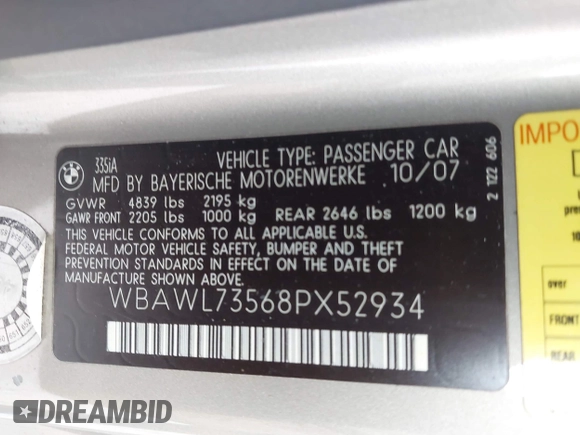 2008 BMW 3 Series 335i with VIN WBAWL73568PX52934, listed as a IAAI auction lot 41922070 with 75,994 mi miles and . Bid and sale history available at carsss.com. Image 9.