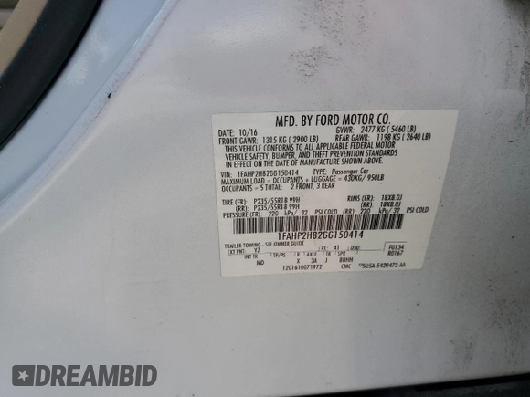 2016 Ford Taurus SEL with VIN 1FAHP2H82GG150414, listed as a Copart auction lot 62167385 with 164,041 mi miles and Salvage title. Bid and sale history available at DreamBid. Image 13.