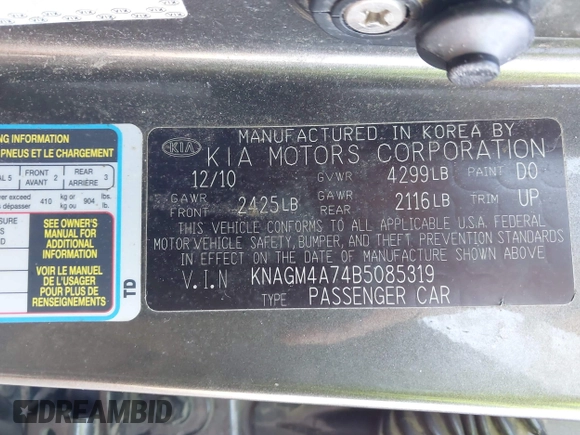 2011 Kia Optima LX with VIN KNAGM4A74B5085319, listed as a IAAI auction lot 42061665 with 224,517 mi miles and . Bid and sale history available at carsss.com. Image 9.