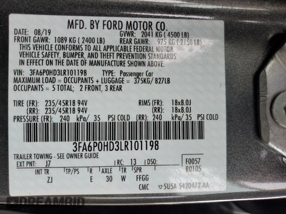 2020 Ford Fusion SE with VIN 3FA6P0HD3LR101198, listed as a Copart auction lot 50516445 with 42,221 mi miles and Salvage Title. Bid and sale history available at carsss.com. Image 14.